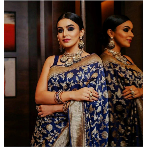 Blue Soft Litchi Silk Saree with Jacquard Work - Elegant Traditional Saree with Unstitched Blouse