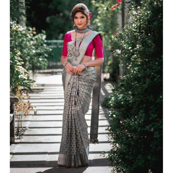 Gray Soft Litchi Silk Saree with Jacquard Work - Elegant Traditional Saree with Unstitched Blouse