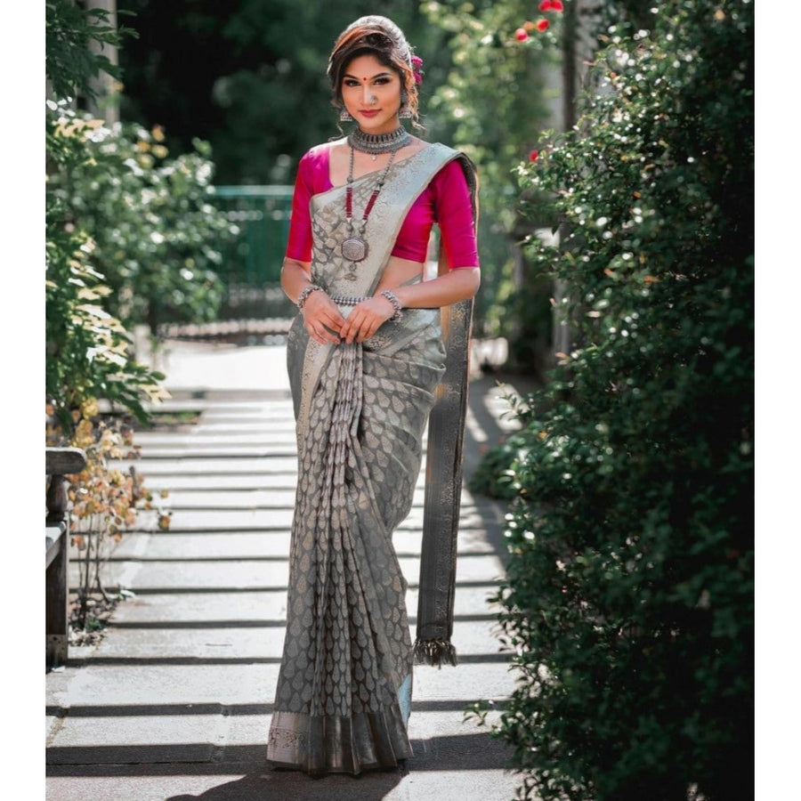 Gray Soft Litchi Silk Saree with Jacquard Work - Elegant Traditional Saree with Unstitched Blouse