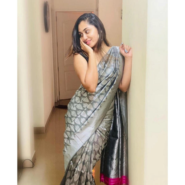 Gray Soft Litchi Silk Saree with Jacquard Work - Elegant Traditional Saree with Unstitched Blouse