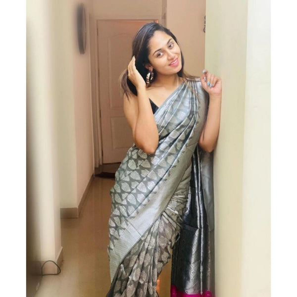 Gray Soft Litchi Silk Saree with Jacquard Work - Elegant Traditional Saree with Unstitched Blouse