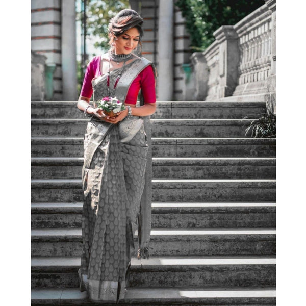 Gray Soft Litchi Silk Saree with Jacquard Work - Elegant Traditional Saree with Unstitched Blouse