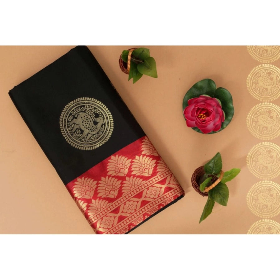 Black Soft Litchi Silk Saree with Jacquard Work - Elegant Traditional Saree with Unstitched Blouse