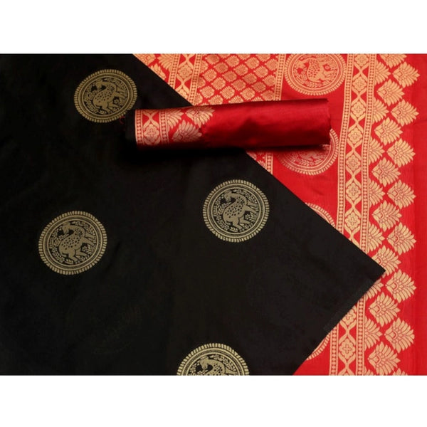 Black Soft Litchi Silk Saree with Jacquard Work - Elegant Traditional Saree with Unstitched Blouse