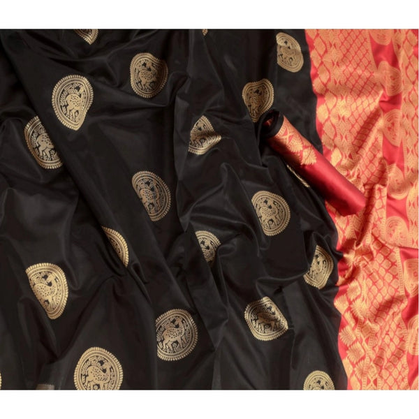 Black Soft Litchi Silk Saree with Jacquard Work - Elegant Traditional Saree with Unstitched Blouse