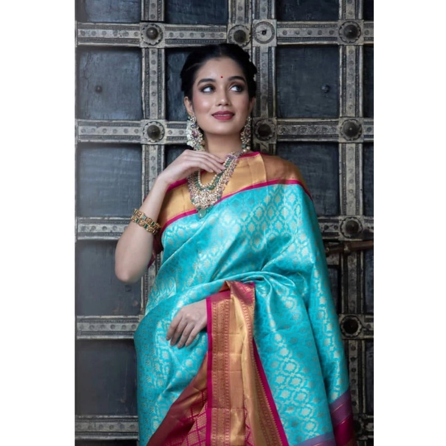 Sky Blue Soft Litchi Silk Saree with Jacquard Work - Elegant Traditional Saree with Unstitched Blouse