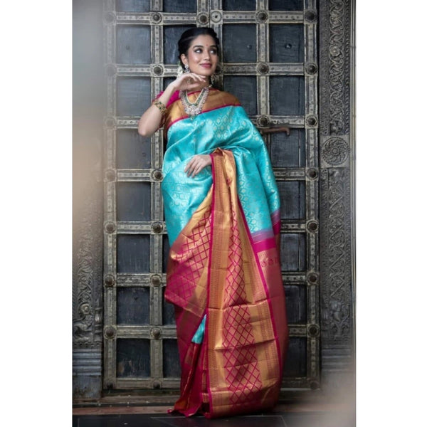 Sky Blue Soft Litchi Silk Saree with Jacquard Work - Elegant Traditional Saree with Unstitched Blouse