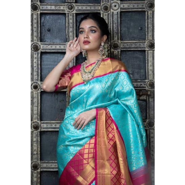 Sky Blue Soft Litchi Silk Saree with Jacquard Work - Elegant Traditional Saree with Unstitched Blouse