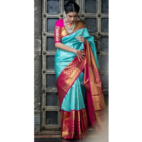 Sky Blue Soft Litchi Silk Saree with Jacquard Work - Elegant Traditional Saree with Unstitched Blouse