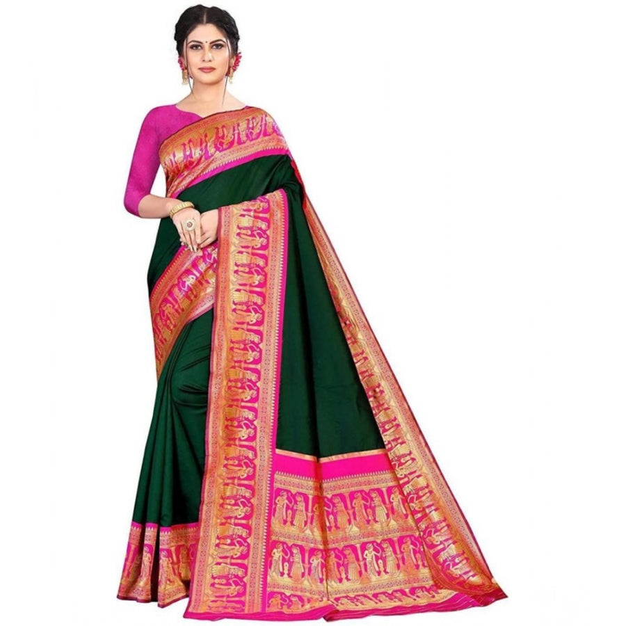 Green Soft Litchi Silk Saree with Jacquard Work - Elegant Traditional Saree with Unstitched Blouse