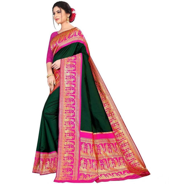 Green Soft Litchi Silk Saree with Jacquard Work - Elegant Traditional Saree with Unstitched Blouse