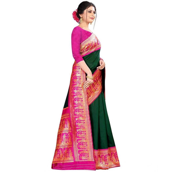 Green Soft Litchi Silk Saree with Jacquard Work - Elegant Traditional Saree with Unstitched Blouse