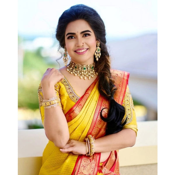 Yellow Soft Litchi Silk Saree with Jacquard Work - Vibrant Traditional Saree with Unstitched Blouse