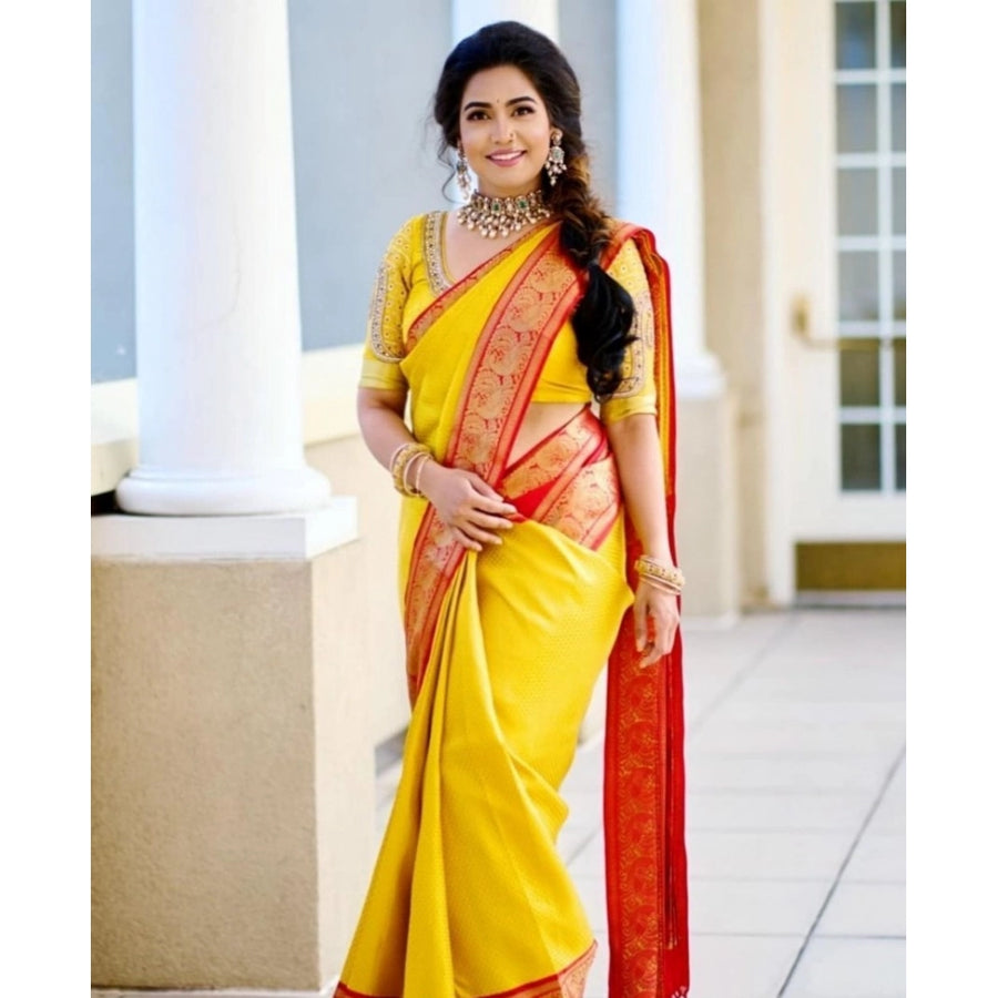 Yellow Soft Litchi Silk Saree with Jacquard Work - Vibrant Traditional Saree with Unstitched Blouse