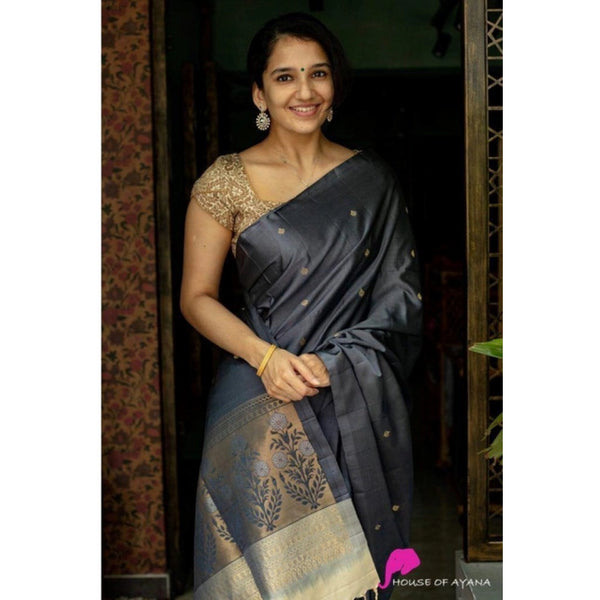 Gray Soft Litchi Silk Saree with Jacquard Work - Elegant Traditional Saree with Unstitched Blouse
