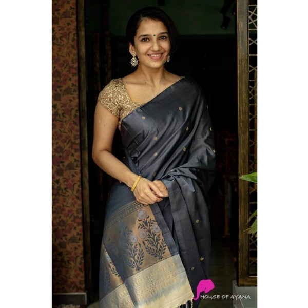 Gray Soft Litchi Silk Saree with Jacquard Work - Elegant Traditional Saree with Unstitched Blouse