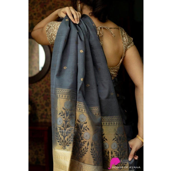 Gray Soft Litchi Silk Saree with Jacquard Work - Elegant Traditional Saree with Unstitched Blouse