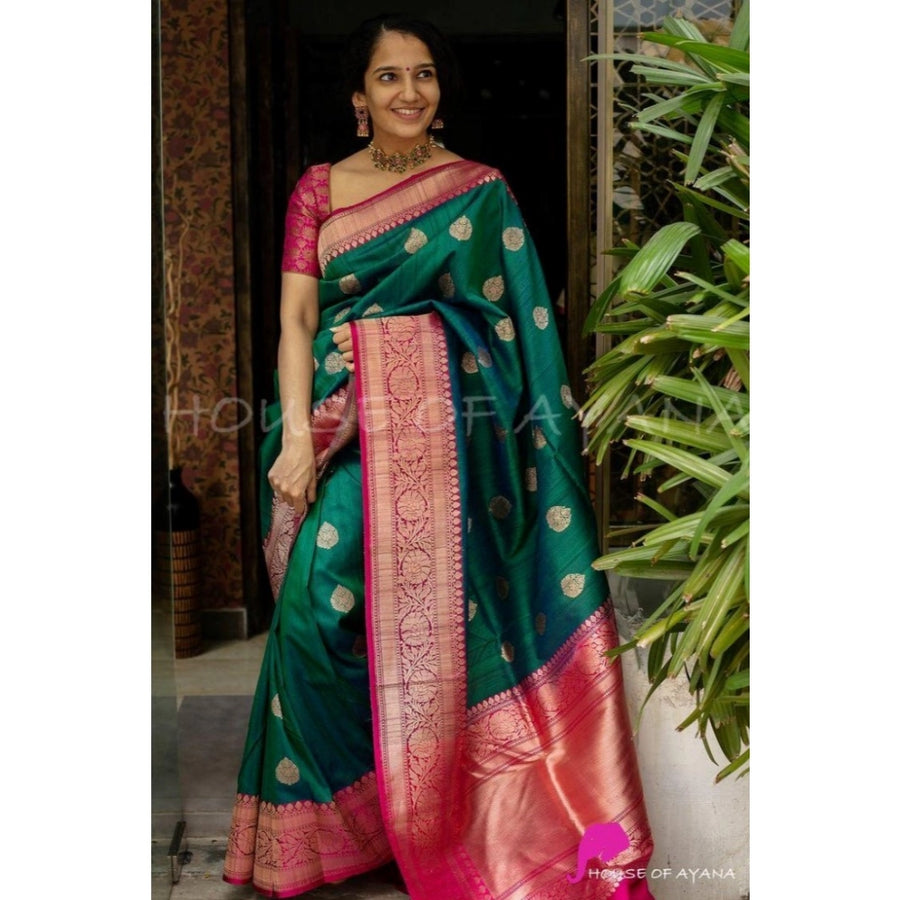 Green Soft Litchi Silk Saree with Jacquard Work - Elegant Traditional Saree with Unstitched Blouse