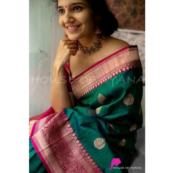 Green Soft Litchi Silk Saree with Jacquard Work - Elegant Traditional Saree with Unstitched Blouse
