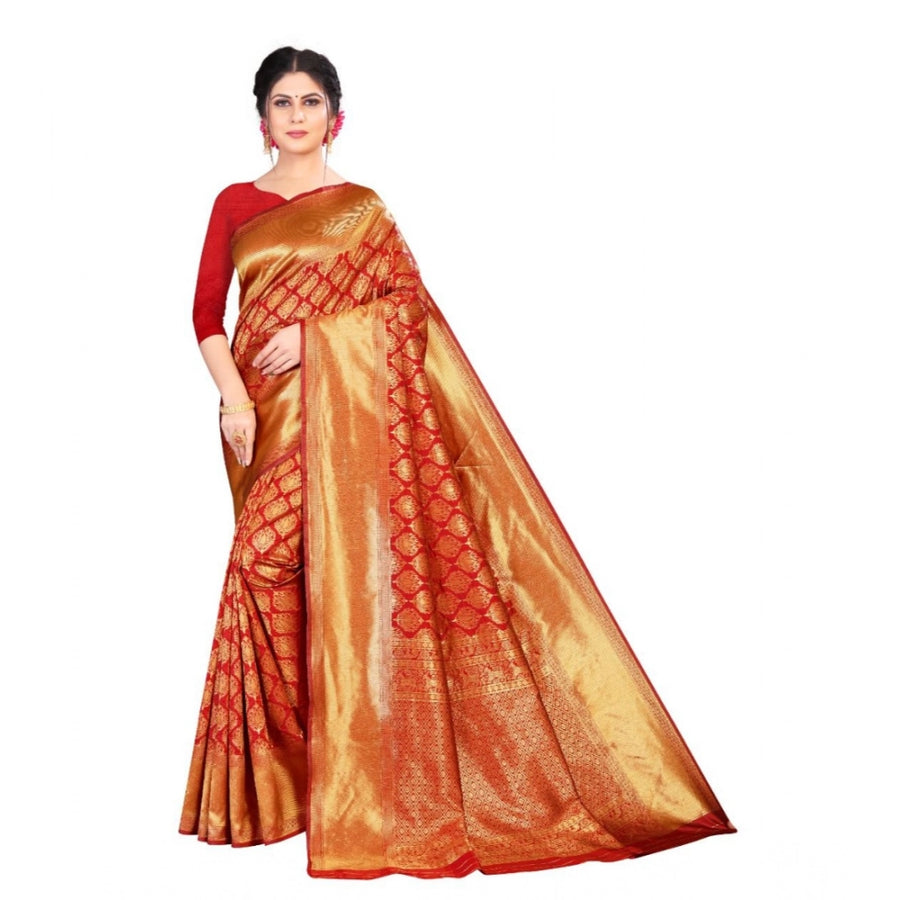 Red Soft Litchi Silk Saree with Jacquard Work - Premium Wedding Saree with Unstitched Blouse