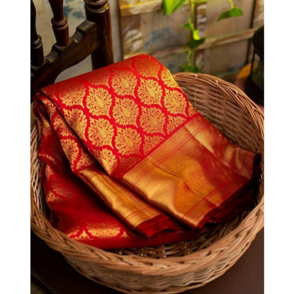 Red Soft Litchi Silk Saree with Jacquard Work - Premium Wedding Saree with Unstitched Blouse