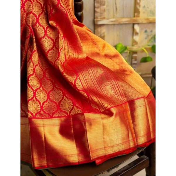 Red Soft Litchi Silk Saree with Jacquard Work - Premium Wedding Saree with Unstitched Blouse