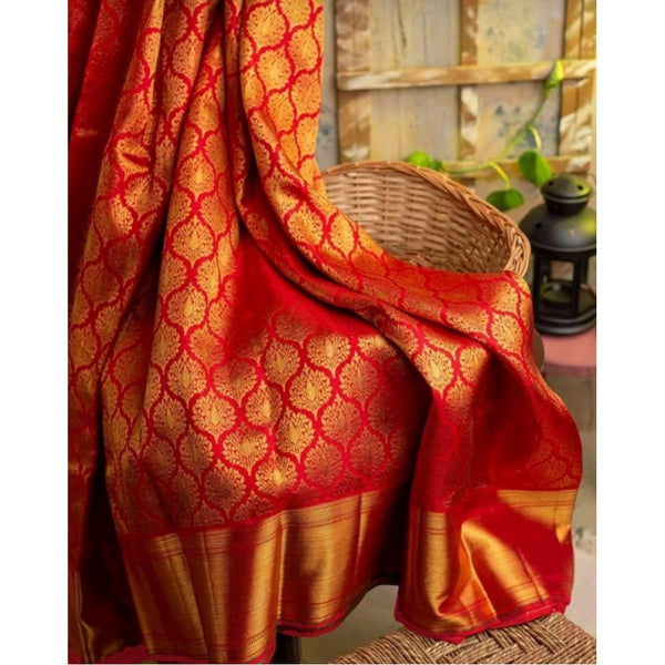 Red Soft Litchi Silk Saree with Jacquard Work - Premium Wedding Saree with Unstitched Blouse