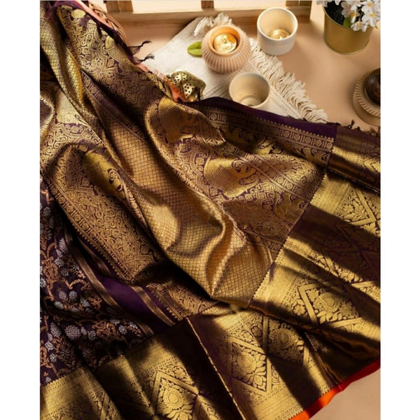 Purple Soft Litchi Silk Saree with Jacquard Work - Royal Traditional Saree with Unstitched Blouse