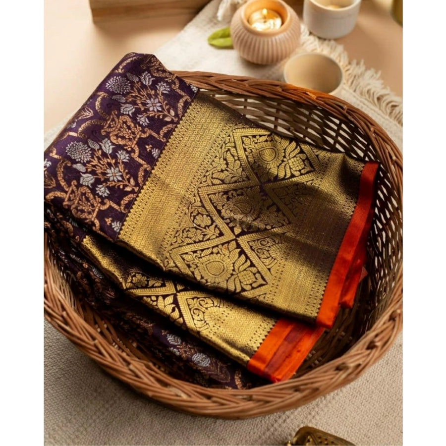 Purple Soft Litchi Silk Saree with Jacquard Work - Royal Traditional Saree with Unstitched Blouse