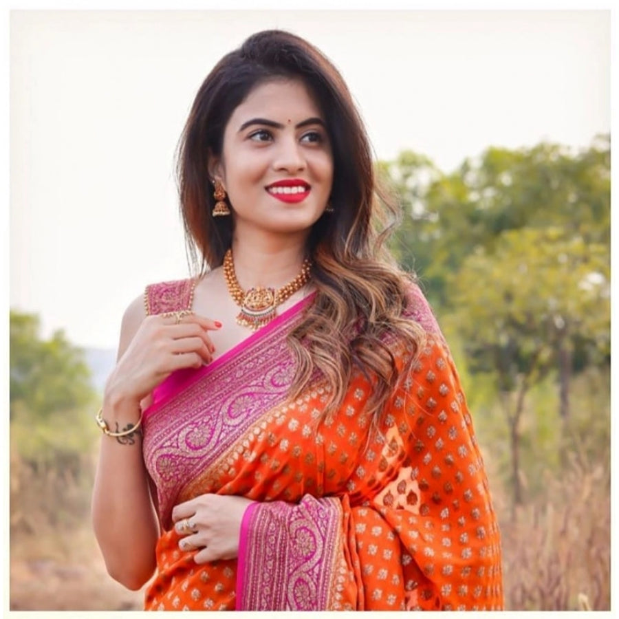 Orange Soft Litchi Silk Saree with Jacquard Work - Vibrant Traditional Saree with Unstitched Blouse