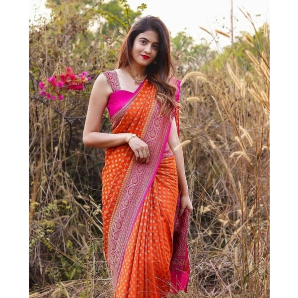 Orange Soft Litchi Silk Saree with Jacquard Work - Vibrant Traditional Saree with Unstitched Blouse