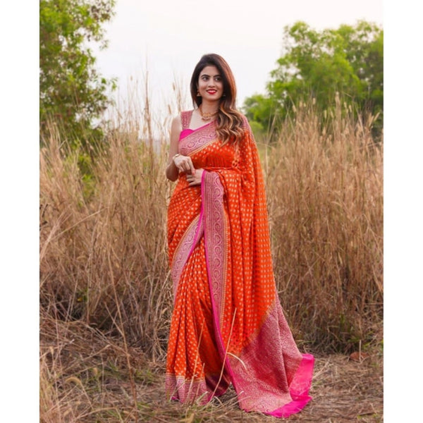 Orange Soft Litchi Silk Saree with Jacquard Work - Vibrant Traditional Saree with Unstitched Blouse