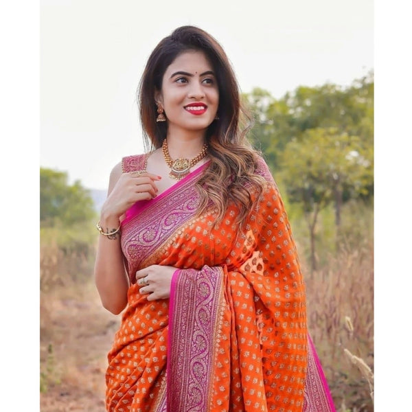 Orange Soft Litchi Silk Saree with Jacquard Work - Vibrant Traditional Saree with Unstitched Blouse