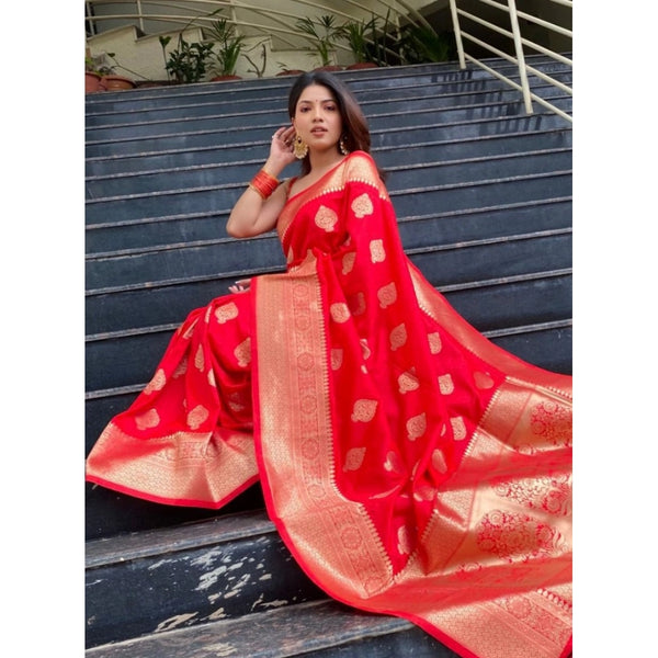 Red Soft Litchi Silk Saree with Jacquard Work - Traditional Wedding Saree with Unstitched Blouse