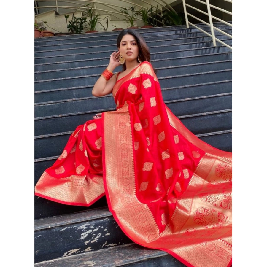 Red Soft Litchi Silk Saree with Jacquard Work - Traditional Wedding Saree with Unstitched Blouse