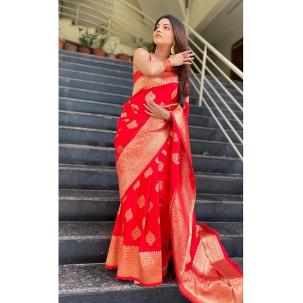 Red Soft Litchi Silk Saree with Jacquard Work - Traditional Wedding Saree with Unstitched Blouse