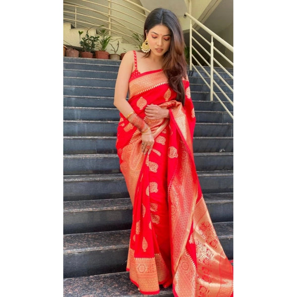 Red Soft Litchi Silk Saree with Jacquard Work - Traditional Wedding Saree with Unstitched Blouse