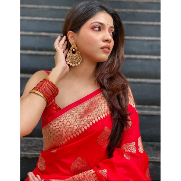 Red Soft Litchi Silk Saree with Jacquard Work - Traditional Wedding Saree with Unstitched Blouse