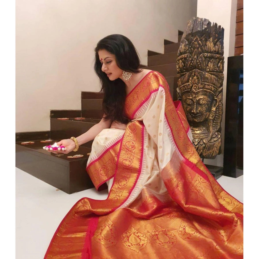 White Soft Litchi Silk Saree with Jacquard Work - Elegant Traditional Saree with Unstitched Blouse
