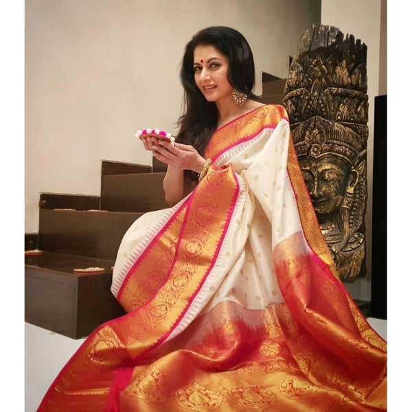 White Soft Litchi Silk Saree with Jacquard Work - Elegant Traditional Saree with Unstitched Blouse