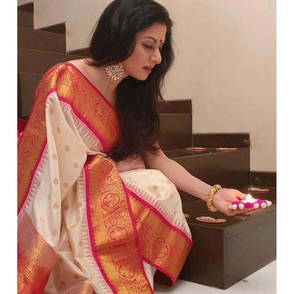 White Soft Litchi Silk Saree with Jacquard Work - Elegant Traditional Saree with Unstitched Blouse