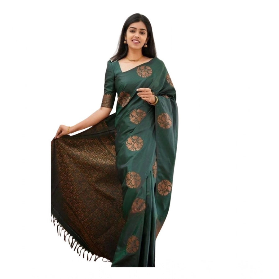 Green Soft Litchi Silk Saree with Jacquard Work - Premium Traditional Saree with Unstitched Blouse