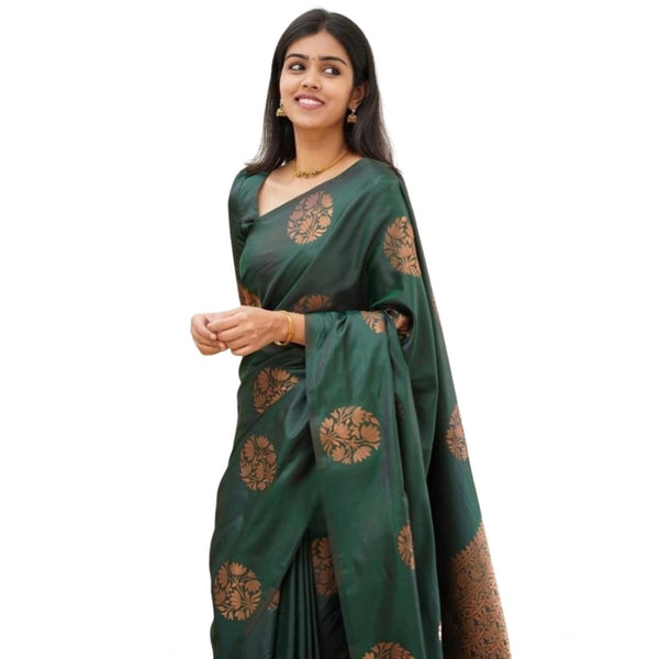 Green Soft Litchi Silk Saree with Jacquard Work - Premium Traditional Saree with Unstitched Blouse