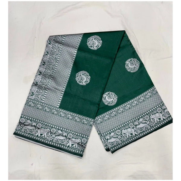 Green Soft Litchi Silk Saree with Jacquard Work - Elegant Traditional Saree with Unstitched Blouse