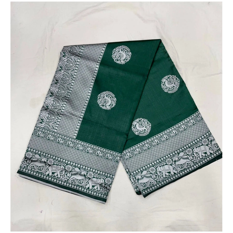 Green Soft Litchi Silk Saree with Jacquard Work - Elegant Traditional Saree with Unstitched Blouse