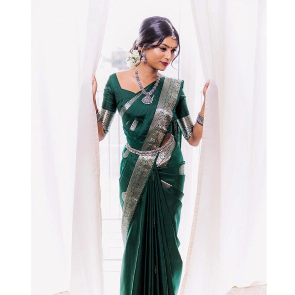 Green Soft Litchi Silk Saree with Jacquard Work - Elegant Traditional Saree with Unstitched Blouse
