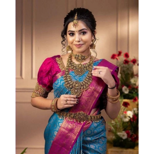 Dark Blue Soft Litchi Silk Saree with Jacquard Work - Elegant Traditional Saree with Unstitched Blouse
