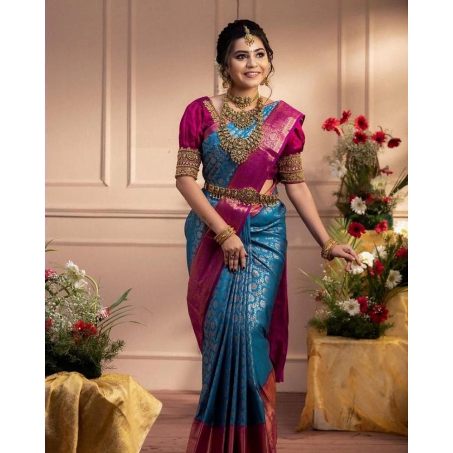 Dark Blue Soft Litchi Silk Saree with Jacquard Work - Elegant Traditional Saree with Unstitched Blouse