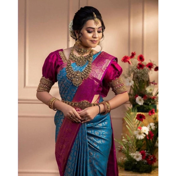 Dark Blue Soft Litchi Silk Saree with Jacquard Work - Elegant Traditional Saree with Unstitched Blouse
