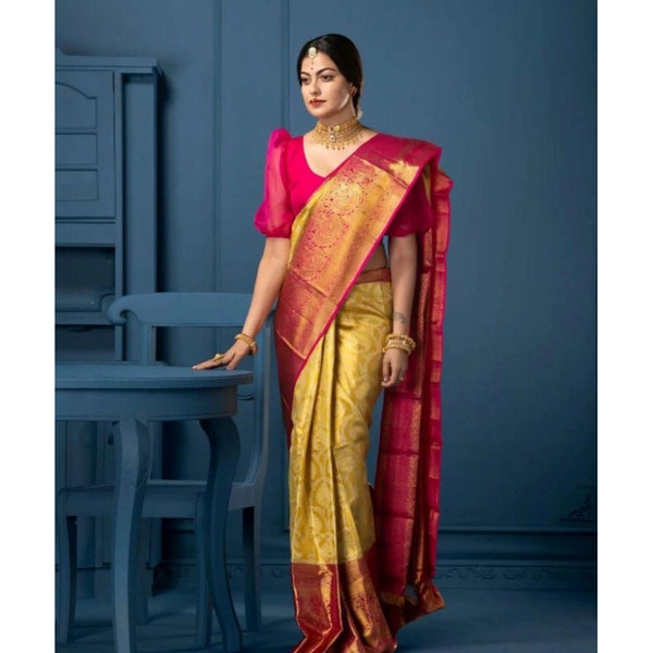 Mustard Yellow Soft Litchi Silk Saree with Jacquard Work - Premium Festival Saree with Unstitched Blouse